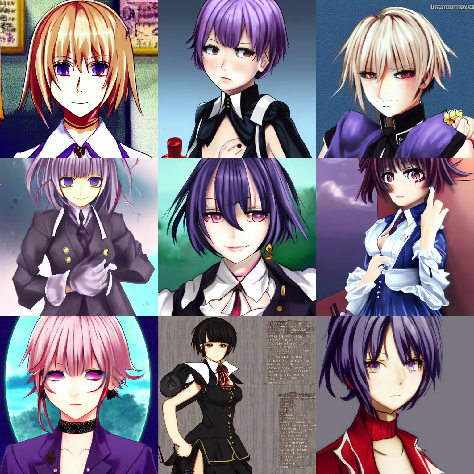 Prompt: Erika from Umineko but short hair with eyepatch, wounded, visual novel sprite, character design, anime art