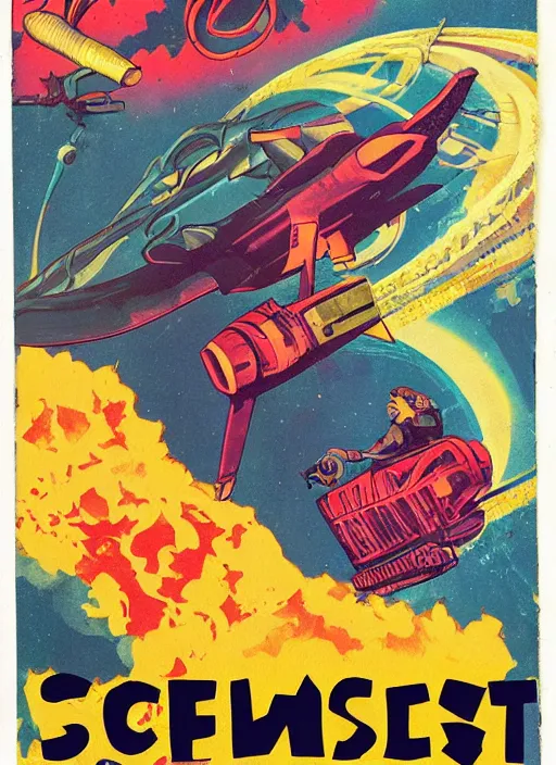 Prompt: old book cover, colorful illustration retro sci-fi