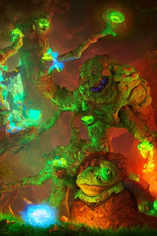 Image similar to arcane fantasy art giant golem elemental wood rock bastion forged gemstone enchanted forest troll, global illumination ray tracing hdr fanart arstation by sung choi and eric pfeiffer and gabriel garza and casper konefal lisa frank zbrush central hardmesh radiating a glowing aura