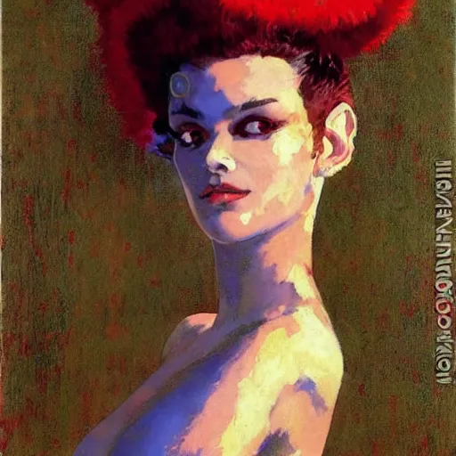 Prompt: Portrait frontal d'une femme chauve ricanante avec des cornes et des yeux bleus glacés, par Robert McGinnis.