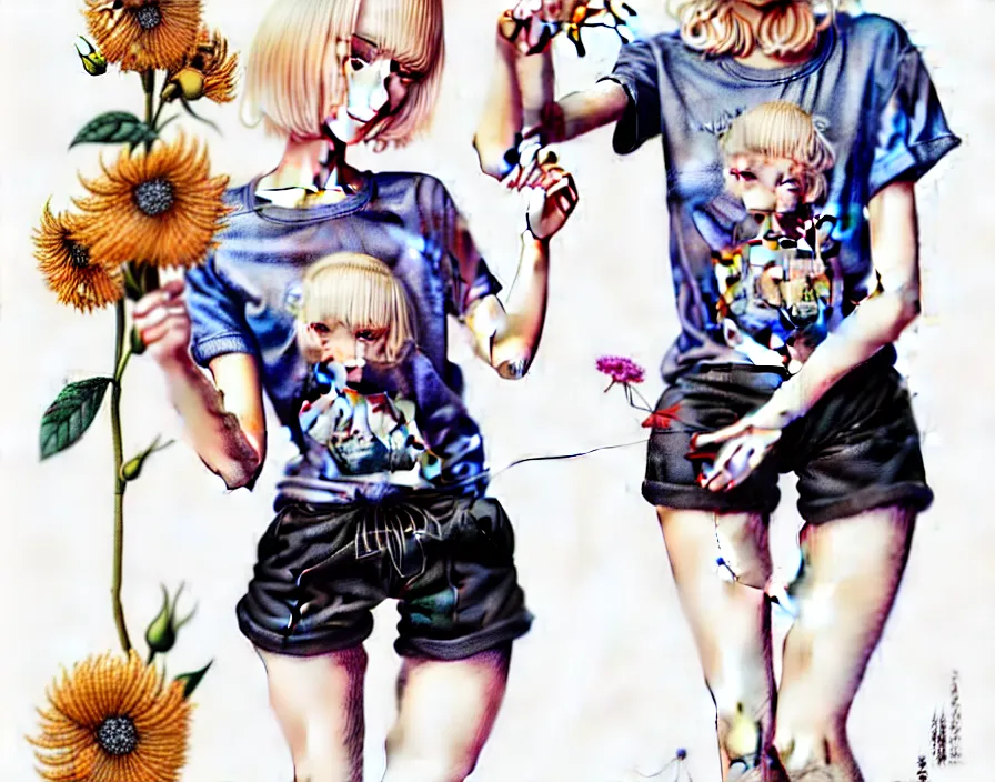 Image similar to richly detailed colored pencil 3D illustration of a beautiful French woman with short bleached blonde hair wearing a long Tshirt and black shorts that is sewing thread drawings of flowers into her thigh. mirrored background with completely rendered reflections, art by Range Murata and Artgerm.