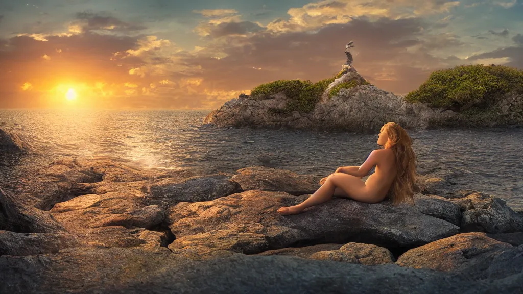 Image similar to a beautiful photograph of a mermaid sits on a rock and stares at the island, sunset lighting, rim light, hyper realistic, 1 0 5 mm, cinematic frame