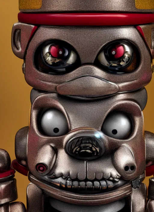 Prompt: closeup of a tin toy fnaf, depth of field, zeiss lens, detailed, symmetrical, centered, fashion photoshoot, by nicoletta ceccoli, mark ryden, lostfish, earl nore, hyung tae, frank frazetta, breathtaking, 8 k resolution, extremely detailed, beautiful, establishing shot, artistic, hyperrealistic, octane render