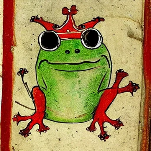 Image similar to beautiful medieval book manuscript painting of a frog wearing a crown