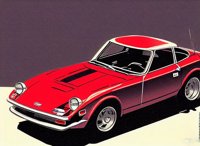 Image similar to highly detailed 1 9 6 9 red datsun fairlady roadster, retro minimalist art by jean giraud, moebius starwatcher comic, sharp, 8 k