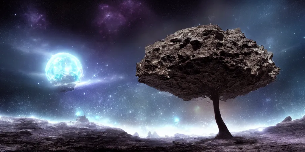 Prompt: The lonely old tree on the asteroid in the abyss of space, cyberpunk