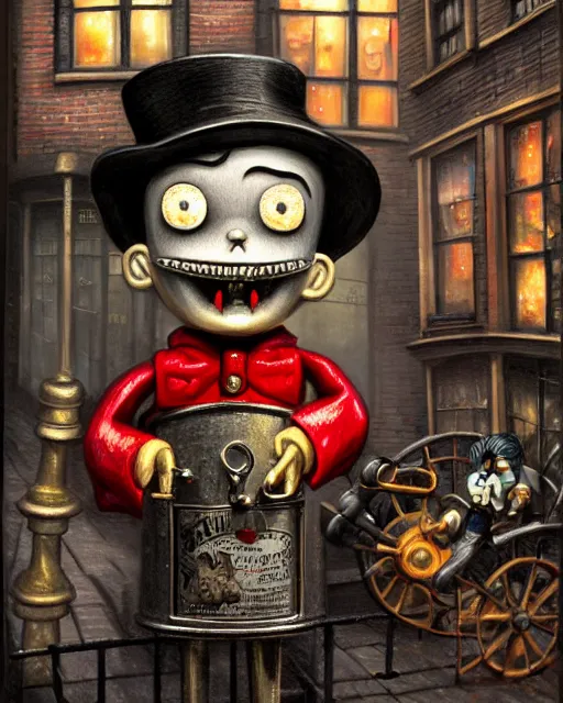 Image similar to highly detailed closeup, portrait of a tin toy jack the ripper in tin toy victorian london streets, hyper realistic, artstation, illustration, nicoletta ceccoli, mark ryden, lostfish, dan decarlo, bob clampett, max fleischer, digital paint, matte paint, vivid colors, detailed and intricate environment