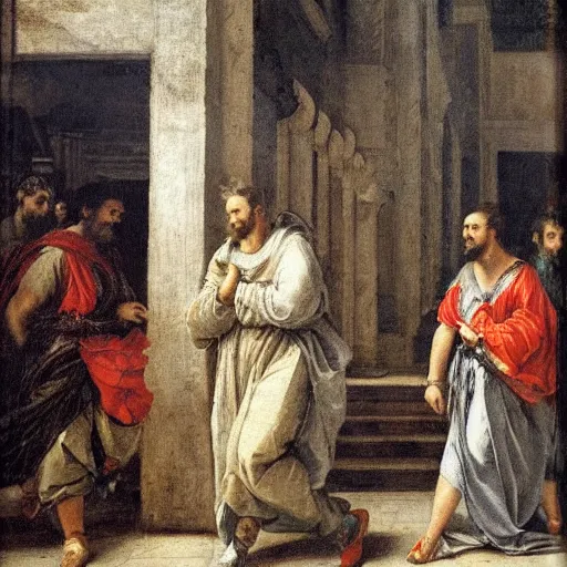 Prompt: guy with white hoodie walking in the music in genoa. painting by veronese