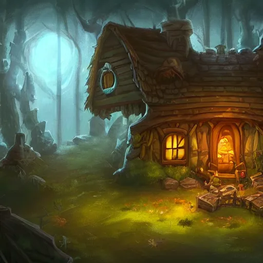 Image similar to a house, a man sitting before the house in the forest, night lighting, in hearthstone art style, epic fantasy style art, fantasy epic digital art, epic fantasy card game art