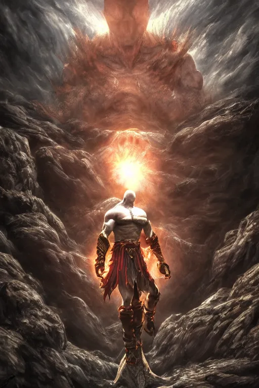 Image similar to an ultra detailed 3 d render of the kratos as an elden ring boss, epic anime fantasy, 8 k, in the style of a fantasy metal album cover and magic the gathering, volumetric lighting, smooth, highly detailed, digital illustration, octane render, art by albert bierstadt and greg rutkowsi, artstation