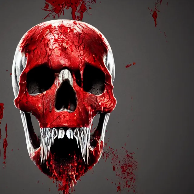 Image similar to skull centered facing the camera, blood pouring out from its mouth, mortal kombat map background