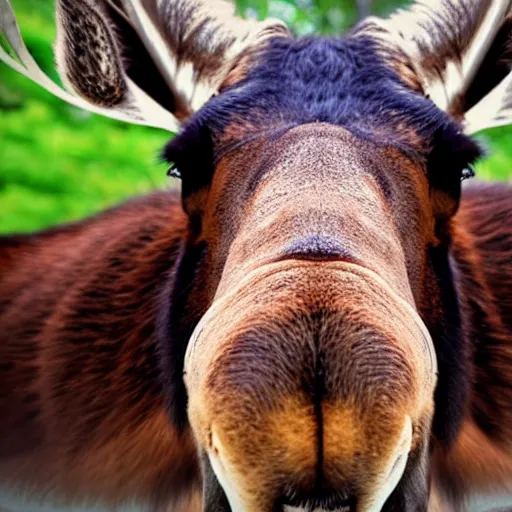 Prompt: close - up photo of a moose sniffing the camera