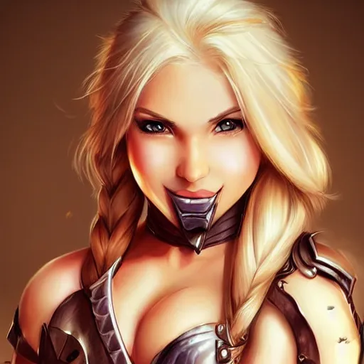 Prompt: very beautiful blonde female barbarian, smiling, flirty, eye contact, perfect face, perfect body, drawn by artgerm