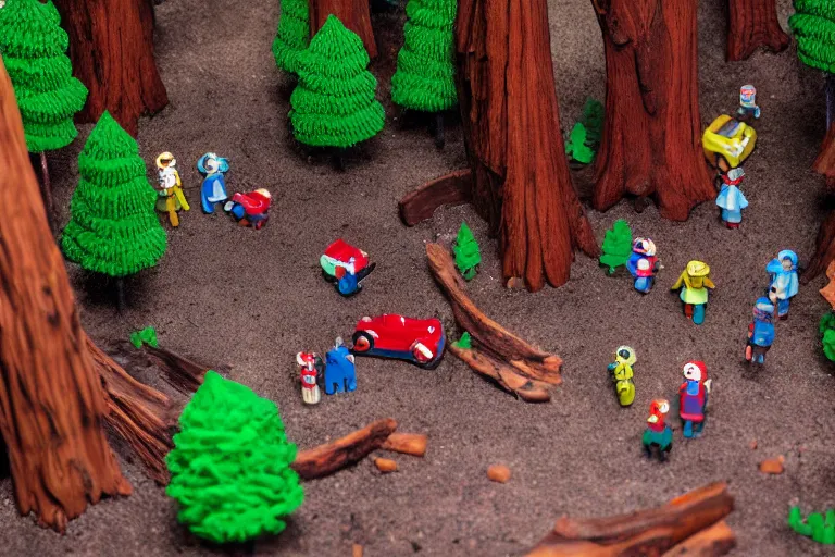 Image similar to fisher price redwood forest, california scene from tv show hyper detailed 5 5 mm 8 5 mm, toy photography, made out of plastic