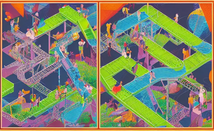 Image similar to chutes and ladders, centered award winning digital illustration, isometric illustration by beeple, edited by mc escher, detailed by raqib shaw, popsurrealism, symmetrically isometrically centered