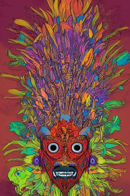 Image similar to animal mask totem roots flower tribal feather gemstone plant wood rock shaman vodoo video game vector cutout illustration vivid multicolor borderlands comics by josan gonzales and dan mumford radiating a glowing aura