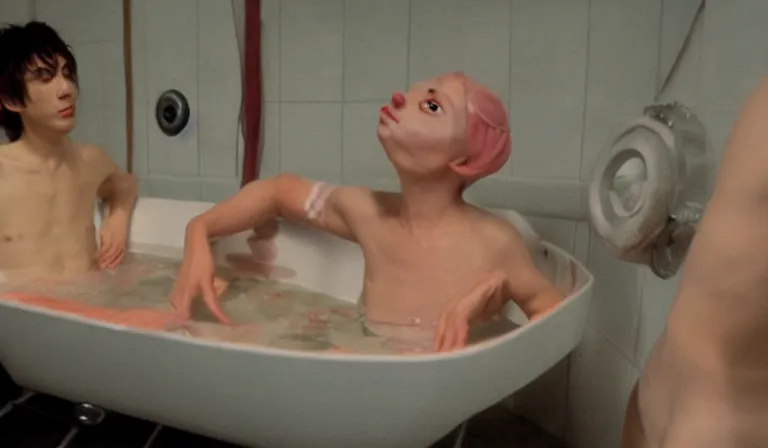 Prompt: The bathtub scene from Gummo, anime, by Hideaki Anno