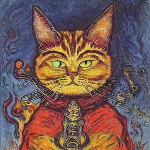 Image similar to a fire mage cat, louis wain, fantasy art