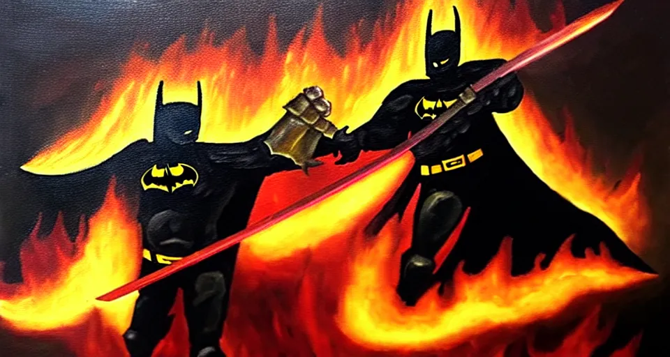 Image similar to An oil painting of a dark knight wielding a flaming sword