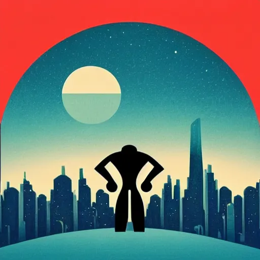 Image similar to “simple 1950s art deco style robot silhouette facing a futuristic city, planets and stars in the background, dramatic lighting, glowing highlights, blue palette, artist ruth ray and Isaac Asimov, retro poster”