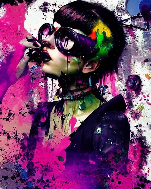Prompt: a goth girl wearing circular glasses, wearing a choker, side portrait, defiant, passionate, spotlight, paint drips, glitching paint splatter, vibrant colors, dramatic, brush strokes, collage, futuristic clothing, digital painting, by marco paludet, by jeremy mann, by hannah hoch