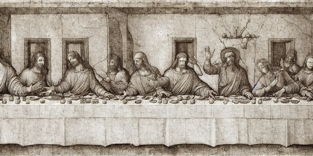 Image similar to the last supper of robots as apostles in leonardo da vinchi style. digital art, artstation, concept art, smooth, sharp focus, illustration, art by leonardo da vinci