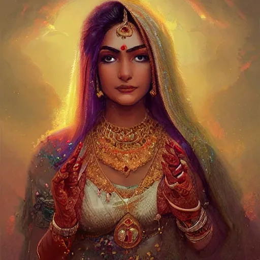 Prompt: portrait of Beautiful indian bride , full of details, matte painting, concept art, smooth, by Jordan Grimmer and WLOP，trending on artstation