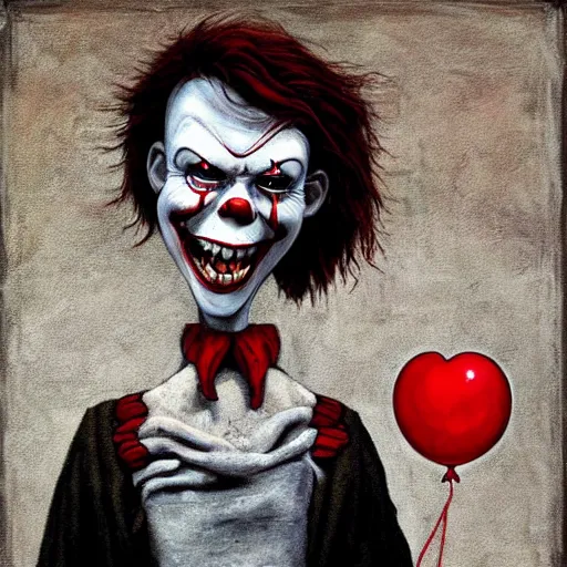 Image similar to grunge painting of david dorbik with a wide smile and a red balloon by chris leib, loony toons style, pennywise style, corpse bride style, horror theme, detailed, elegant, intricate