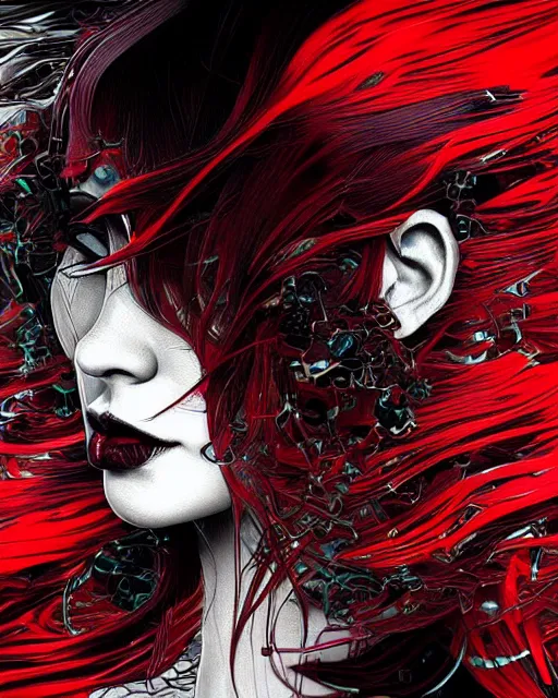 Prompt: glitch art close up portrait intense vampire, flowing hair, glitches, highly detailed, very intricate, graphical errors, art deco, glitch, chromatic aberration, harsh lighting, award - winning, unreal engine 5, illustration by mandy jurgens and alphonse mucha and yoji shinkawa, black and red only!!!, featured on artstation