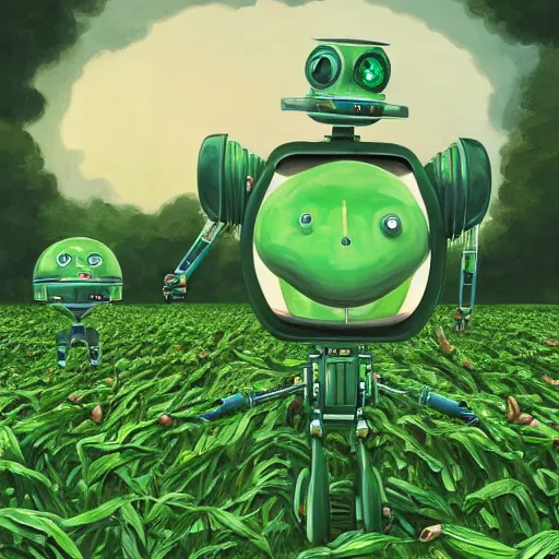 Prompt: green agricultural transformers with doraemon face and wings in the corn field, the upper body of fledged bodybuilder, taller than human, droid, robots, humanoid, farming, highly detailed, digital painting, feathers, agricultural tractor, artstation, concept art, smooth, sharp focus, illustration, art by artgerm and greg rutkowski, unreal engine