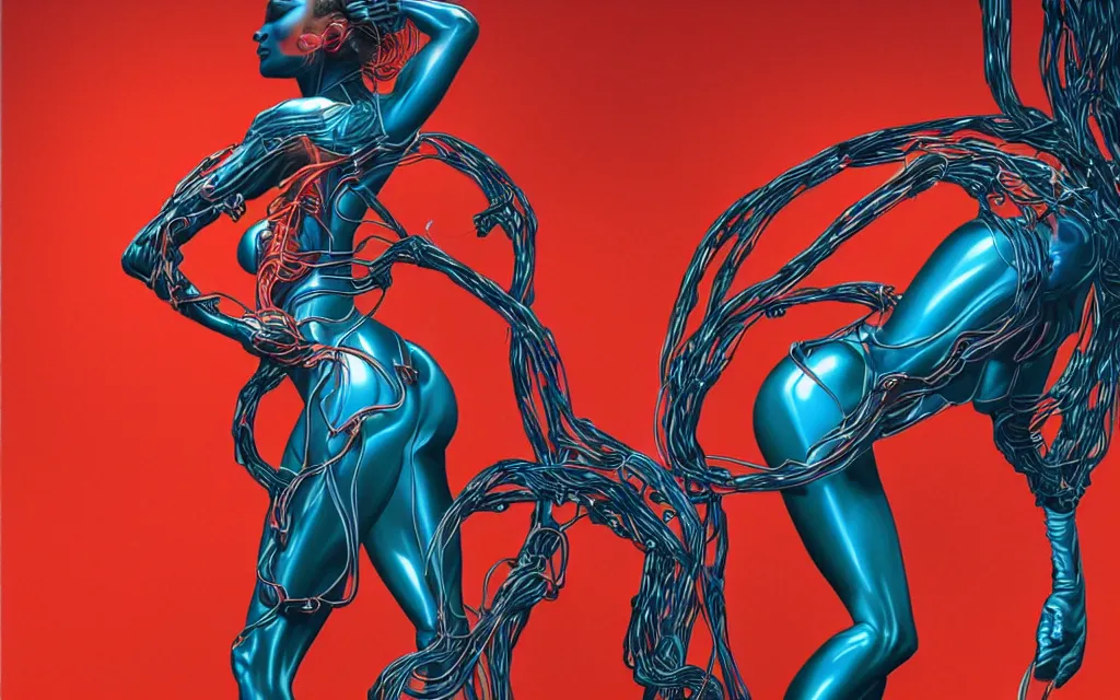 Image similar to beauty woman made of electrical wiring sitting on a stool, red, black, green, blue wires, , very detailed, dramatic lighting, mechanical details, back facing, electrical details, high details, 4k, 8k, trending on artstation, by Hajime Sorayama and Boris Vallejo