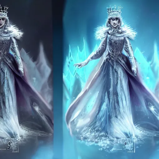 Image similar to emma watson as the Queen of Ice, Ice crystal armor, concept art, 4k, digital art, trending on art station, hd, doll, color, high contrast, expansive backdrop