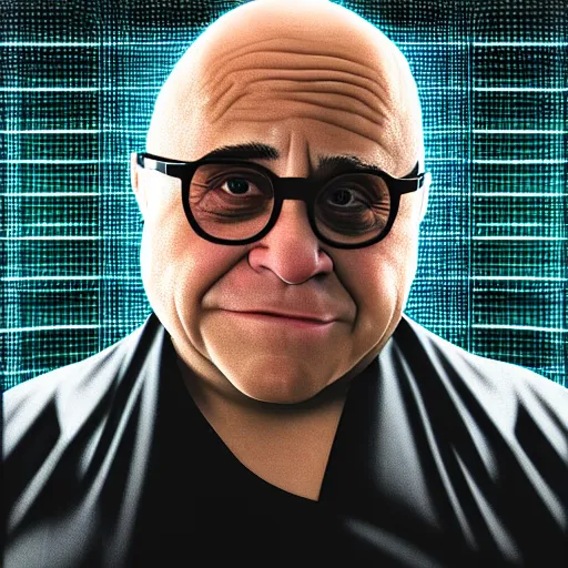 Image similar to danny devito as a hacker in the matrix, modelsociety, radiant skin, huge anime eyes, rtx on, perfect face, directed gaze, sony a 7 r iv, symmetric balance, polarizing filter, photolab, lightroom, 4 k, dolby vision, photography award