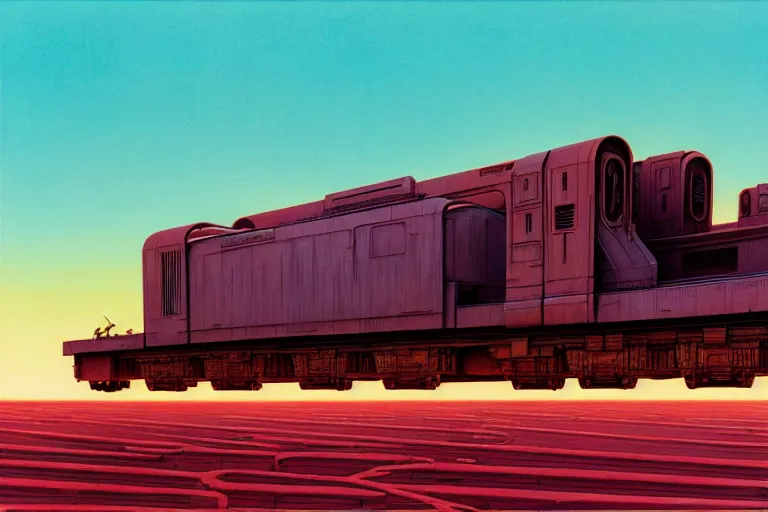 Prompt: a building on huge train tracks traveling through the desert, futuristic, fantasy, intricate, elegant, dramatic lighting, highly detailed, lifelike, photorealistic, artstation, concept art, smooth, sharp focus, illustration, art by syd mead and beksinski and john blanche and paul dainton