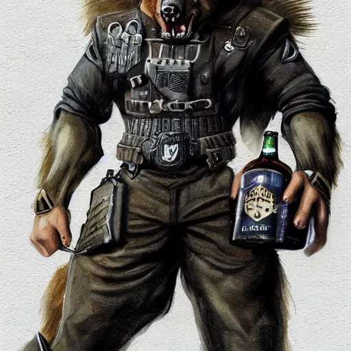 Image similar to a humanoid german shepherd beast - man in military style, holding a bottle of beer, artstation, concept art, smooth, sharp foccus ilustration, artstation