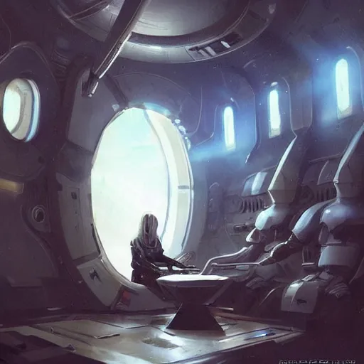 Image similar to scifi art by greg rutkowski, a very tall and slender woman with blond hair, sitting with the spaceship crew, dark lighting atmosphere, detailed portraits, nostalgic atmosphere, scifi, digital painting, artstation, concept art, smooth, sharp foccus ilustration, artstation hq