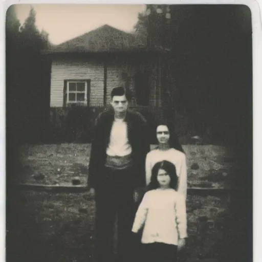 Prompt: old polaroid of a family, there is a gloomy atmosphere in the ambient, a ghost can be seen in the background