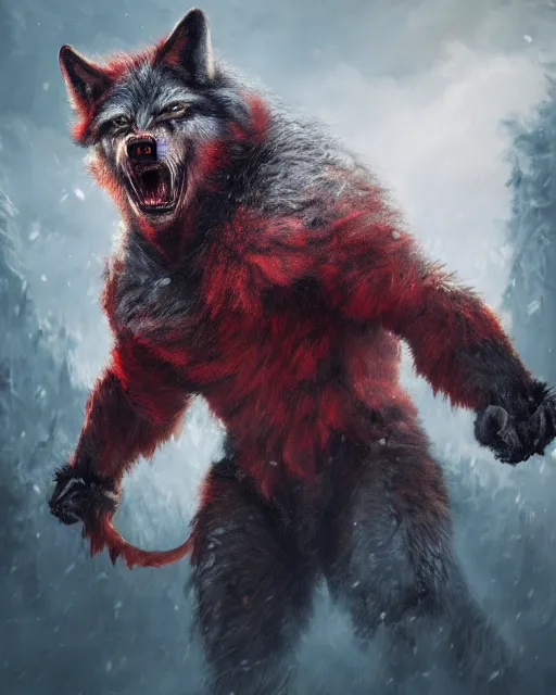 Image similar to oil painting of Angry Anthropomorphized Wolf Berserker, wearing red fur, claws, sharp focus, attack pose, fantasy style, octane render, volumetric lighting, 8k high definition, by greg rutkowski, highly detailed, trending on art Station, burning Battlefield background, centered