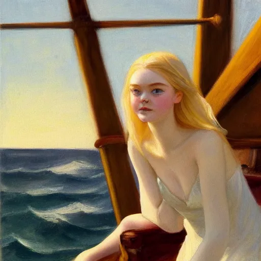 Image similar to Painting of Elle Fanning on a pirate ship, long blonde hair, delicate, pale milky white porcelain skin, by Edward Hopper. 8K. Extremely detailed.