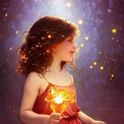 Prompt: A cute seven year old little girl with shoulder length curly brown hair with a happy expression wearing a summer dress dancing with fireflies, she is in the distance. beautiful fantasy art by By Artgerm and Greg Rutkowski and Alphonse Mucha, trending on artstation.