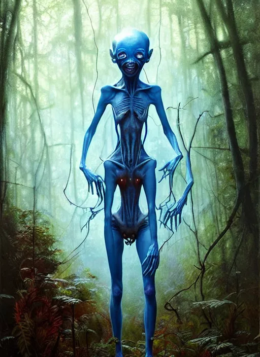 Image similar to hyper realistic magic alien in the woods in a river gorgeous lighting, lush forest foliage blue sky a hyper realistic painting by chiara bautista and beksinski and norman rockwell and greg rutkowski, tom bagshaw weta studio, and lucasfilm