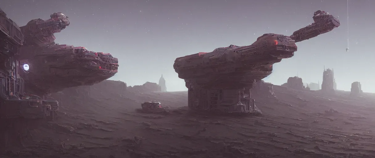 Image similar to illustration, a single scouting spaceship, deep space exploration, the expanse tv series, industrial design, galaxy travel, atmospheric, cinematic lighting, 4k, greebles, widescreen, wide angle, beksinski, sharp and blocky shapes, simon stalenhag palette