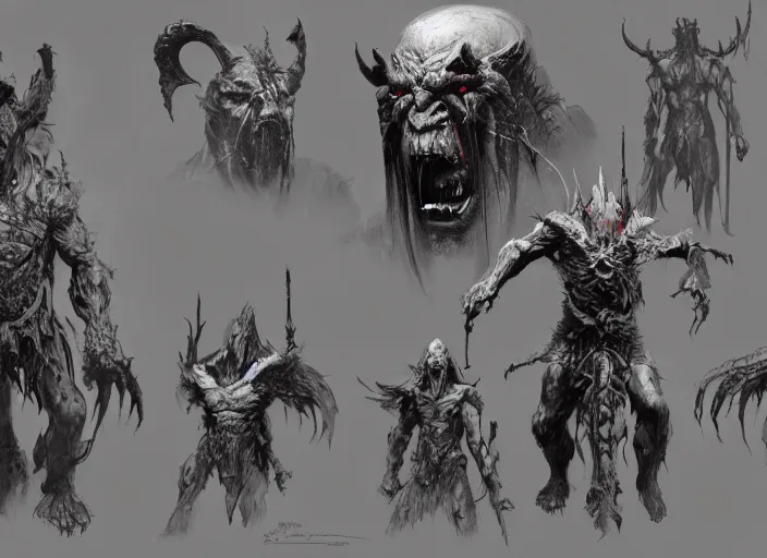 Image similar to feral orc chieftain charector concept sheet, beksinski, ruan jia, the hobbit orc concept, dark soul concept