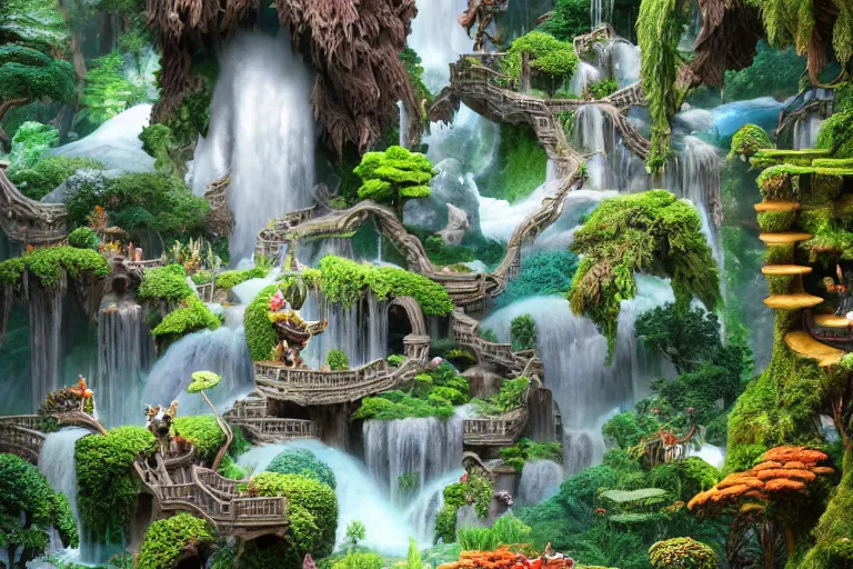 Image similar to isometric view of a fantastical garden with waterfalls and giant trees, by Andrei Riabovitchev, Shaun Tan, Peter Mohrbacher and Takayuki Takeya, ancient ornate intricate, cinematic, realistic, intricate detail, finely detailed, small details, extra detail, photorealistic, high resolution, 3D, PBR, path tracing, volumetric lighting, octane render, arnold render, 8k