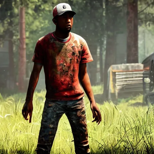 Image similar to high quality 8k screenshot of tyler the creator in The Last Of Us, 8k full body model, detailed rusty texture