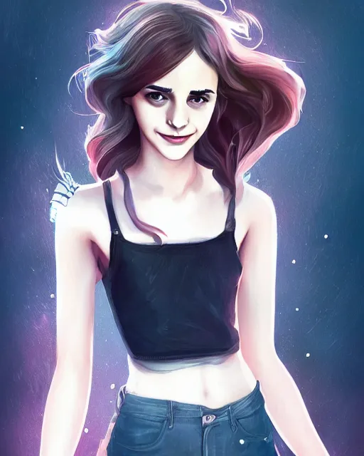 Prompt: beautiful full body Emma Watson smiling, art by lois van baarle and loish and ross tran and rossdraws and sam yang and samdoesarts and artgerm, digital art, highly detailed, intricate, sharp focus, Trending on Artstation HQ, deviantart, unreal engine 5, 4K UHD image