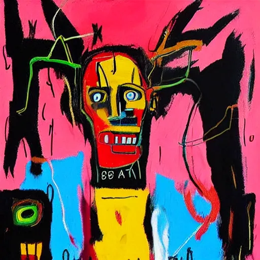 Image similar to Digital art, Oil on canvas, jean-Michel Basquiat style of A mirror selfie of a black handsome muscular man with white angel wings and black devil horns holding an iPhone, pitchfork, full body, pink background, abstract jean-Michel Basquiat!!!!!!!! oil painting with thick paint strokes!!!!!!!!, oil on canvas, aesthetic, y2k!!!!!!, intricately!!!!!!!! detailed artwork!!!!!!!, trending on artstation, in the style of jean-Michel Basquiat!!!!!!!!!!!!, by jean-Michel Basquiat!!!!!!!!!!!, in the style of jean-Michel Basquiat!!!!!!!!!!!, in the style of jean-Michel Basquiat!!!!!!!!!!!, in the style of jean-Michel Basquiat!!!!!!!!!!!, in the style of jean-Michel Basquiat!!!!!!!!!!!, in the style of jean-Michel Basquiat!!!!!!!!!!!, david choe