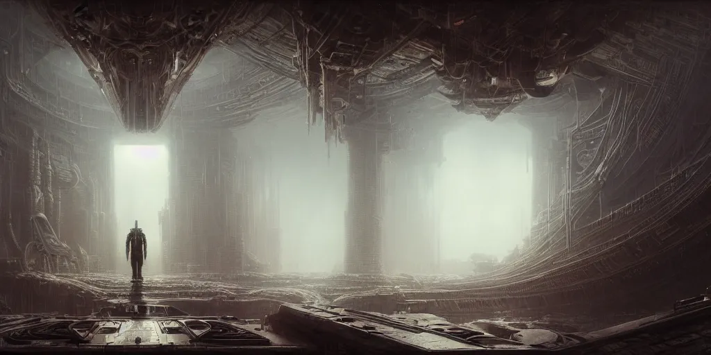 Image similar to lost and alone in a vast future sci - fi cyberpunk brutalist megastructure temple by gustave dore and gustave moreau and beksinski and giger and craig mullins and jeremy mann, anamorphic lens flares