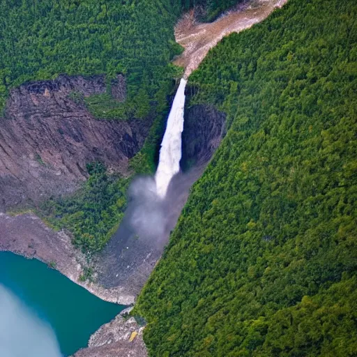 Prompt: very - distant aerial photograph of : a waterfall is falling from the peak of the world's tallest mountain down to a lake surrounded by a city at the base of the mountain. the waterfall is unbelievably tall.