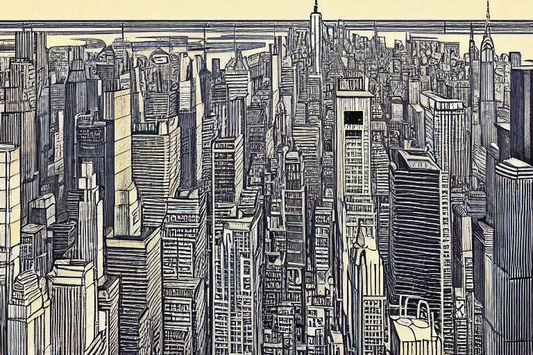 Image similar to a realistic Manhattan cityscape, from the roof, tall terrace, Empire state building, houses, parks, by Louis Wain (1920), golden ratio, sharp linework, clean strokes, sharp edges, flat colors, cell shaded by moebius, Jean Giraud, trending on artstation